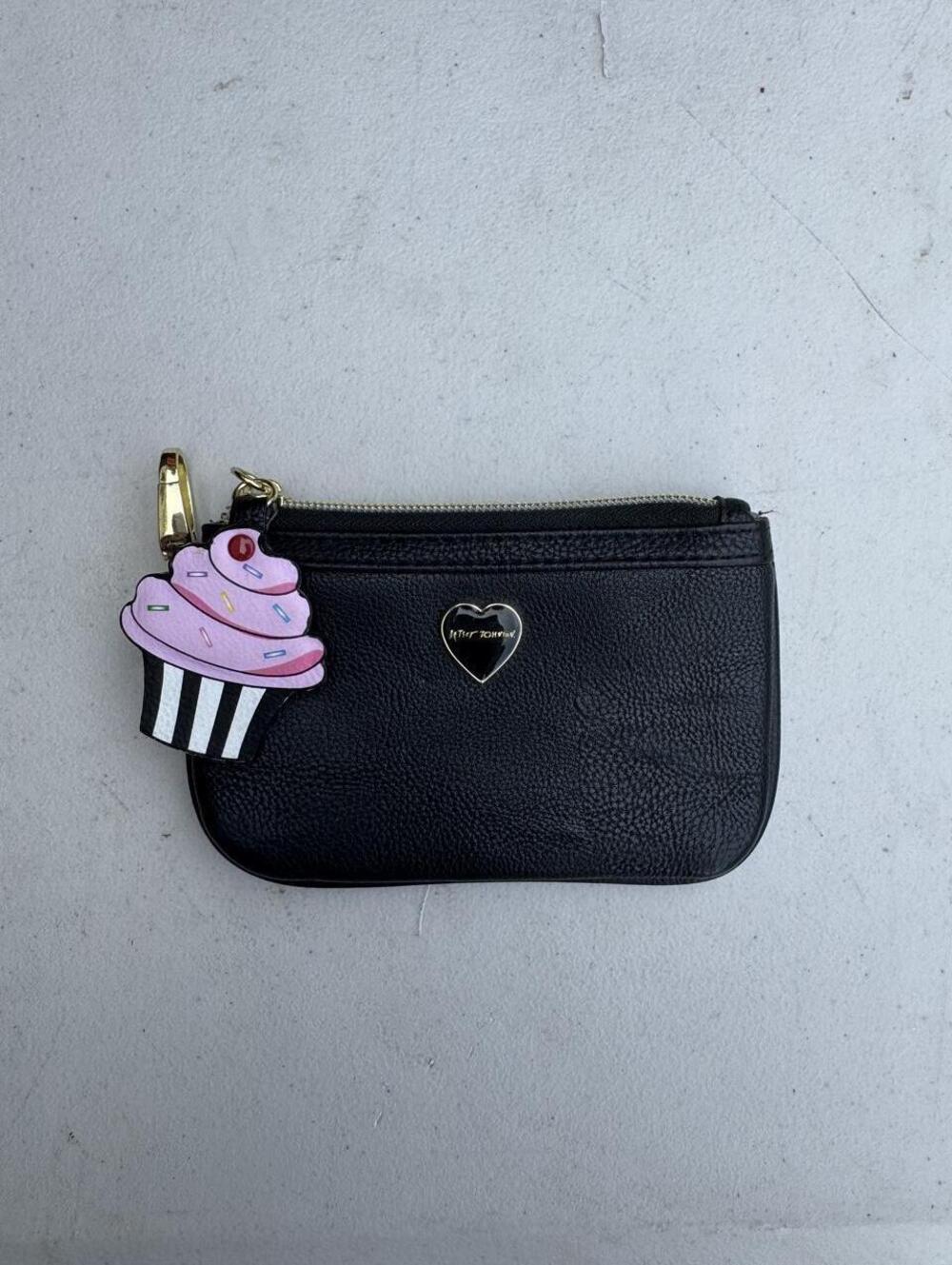 Betsey Johnson Black Leather Wristlet Wallet with Cupcake Charm